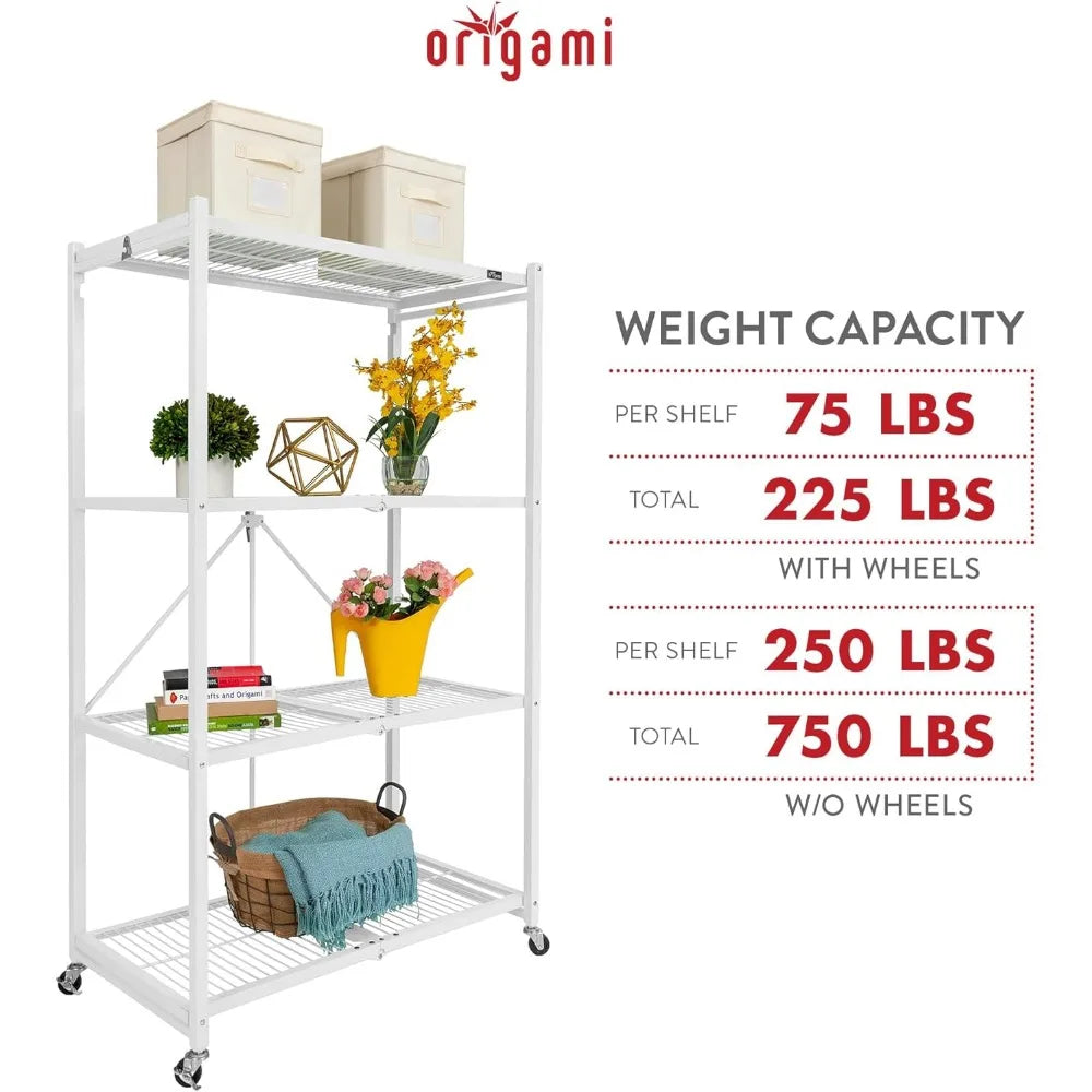 R5 4 Shelf Heavy Duty Folding Storage Rack White Large Foldable Metal Shelving Unit with Wheels for Garage Pantry Basement