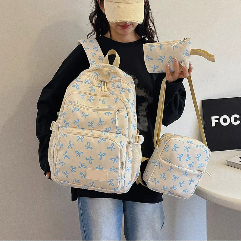 3PCS Kawaii Backpack Bow Print Student Bookbag with Purse Crossbody Bag Cute Laptop Backpack Fashion Large Capacity School Bag