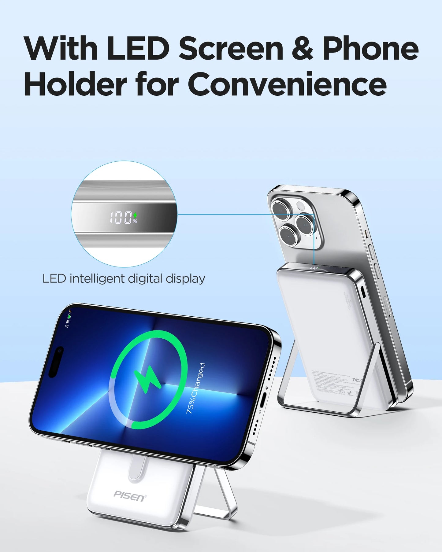 PISEN Magnetic Wireless Power Bank with Built in Stand MagSafe Compatible 30W USB C Fast Charging  for iPhone Samsung Huawei