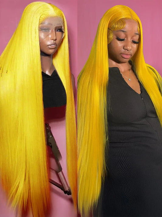 Bright Lemon Yellow 13x4 13x6 Transparent HD Lace Frontal Wig Brazilian 100 Percent Raw Human Hair Bone Straight Cosplay Wig