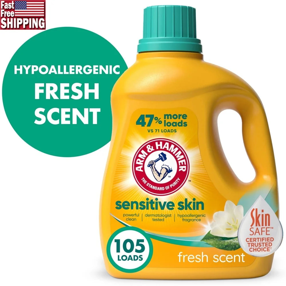 Sensitive Skin Liquid Laundry Detergent 105 Loads Hypoallergenic Fresh Scent Dye-Free HE Concentrated Stain Fighters