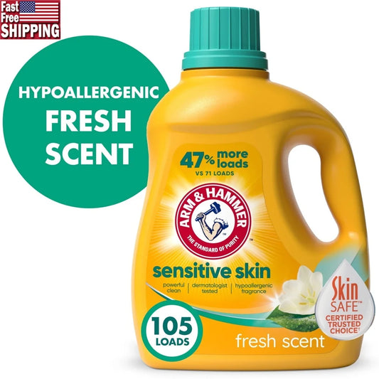 Sensitive Skin Liquid Laundry Detergent 105 Loads Hypoallergenic Fresh Scent Dye-Free HE Concentrated Stain Fighters