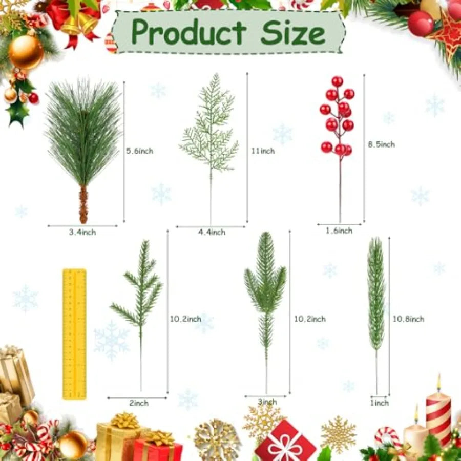 70PCS Artificial Pine Branches Christmas Greenery Artificial Pine Needles Branches with Red Berry Stems Fake Pine Branches Set