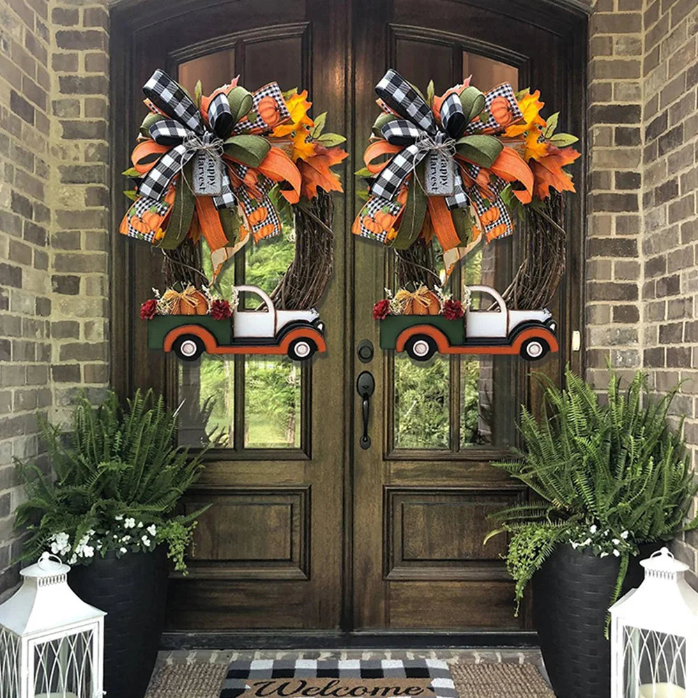 Farmhouse Pumpkin Cart Wreath Halloween Pumpkin Truck Wreath for Thanksgiving Decoration