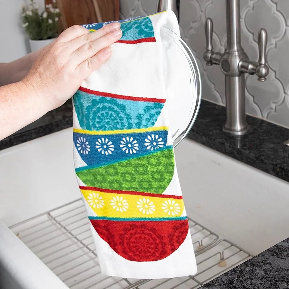 Double Sided Print Woven Cotton Kitchen Dish Towel Set 2-pack Lint-Free Absorbent Soft Machine Washable 16x26 Inch