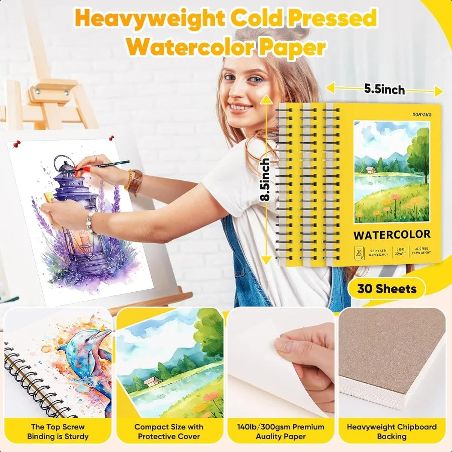 Watercolor Paper Pad 5.5 x 8.5 Spiral Bound Art Sketch Book Pack of 3 90 Sheets (140lb 300g) Artist Water Color Drawing Paper f
