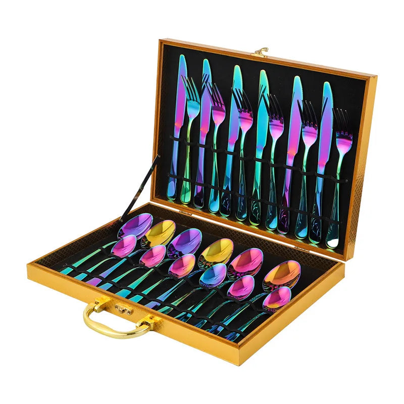 Stainless Steel Tableware Set of 24 Pieces, Wooden Box, Western Tableware with Four Main Items Knife, Fork and Spoon