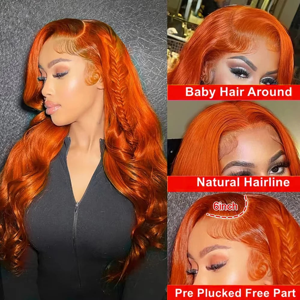 36inch Ginger Orange Lace Front Wigs Human Hair Pre Plucked 200% Density Body Wave 13x4 13x6 Hd Transparent Lace Frontal Wigs