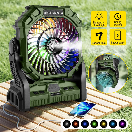 Wireless Camping Fan with 4 LED Color Light Control and 360 Degree Rotation Portable Misting Humidifier