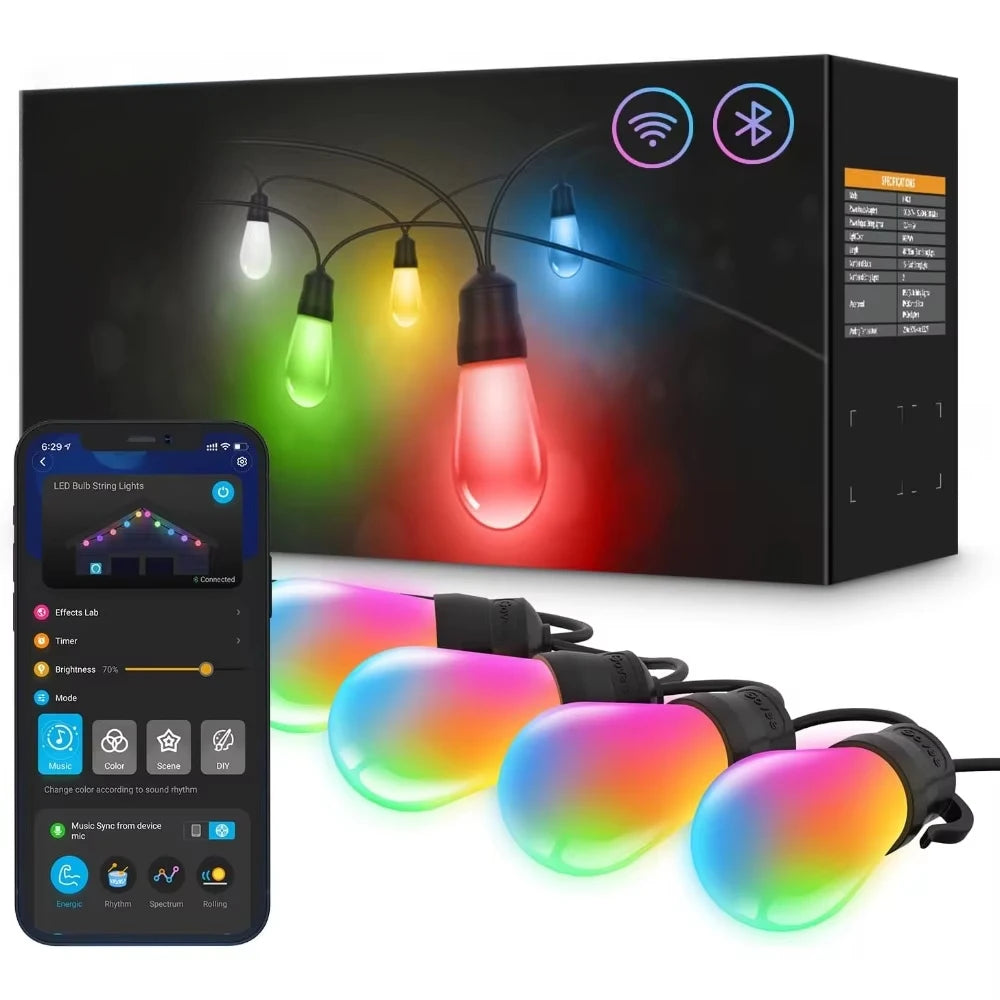 Smart Outdoor String Lights RGBIC Warm White 96ft LED Bulbs for Halloween Christmas Decorations