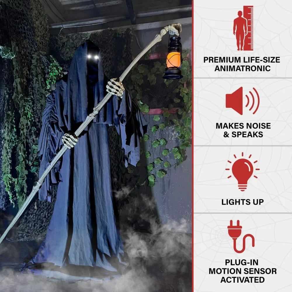 Halloween Outdoor Decorations Motion Activated 6 Feet Tall Ghostly Guide Plug In Talking Scare Prop Animatronic with Spooky Sound