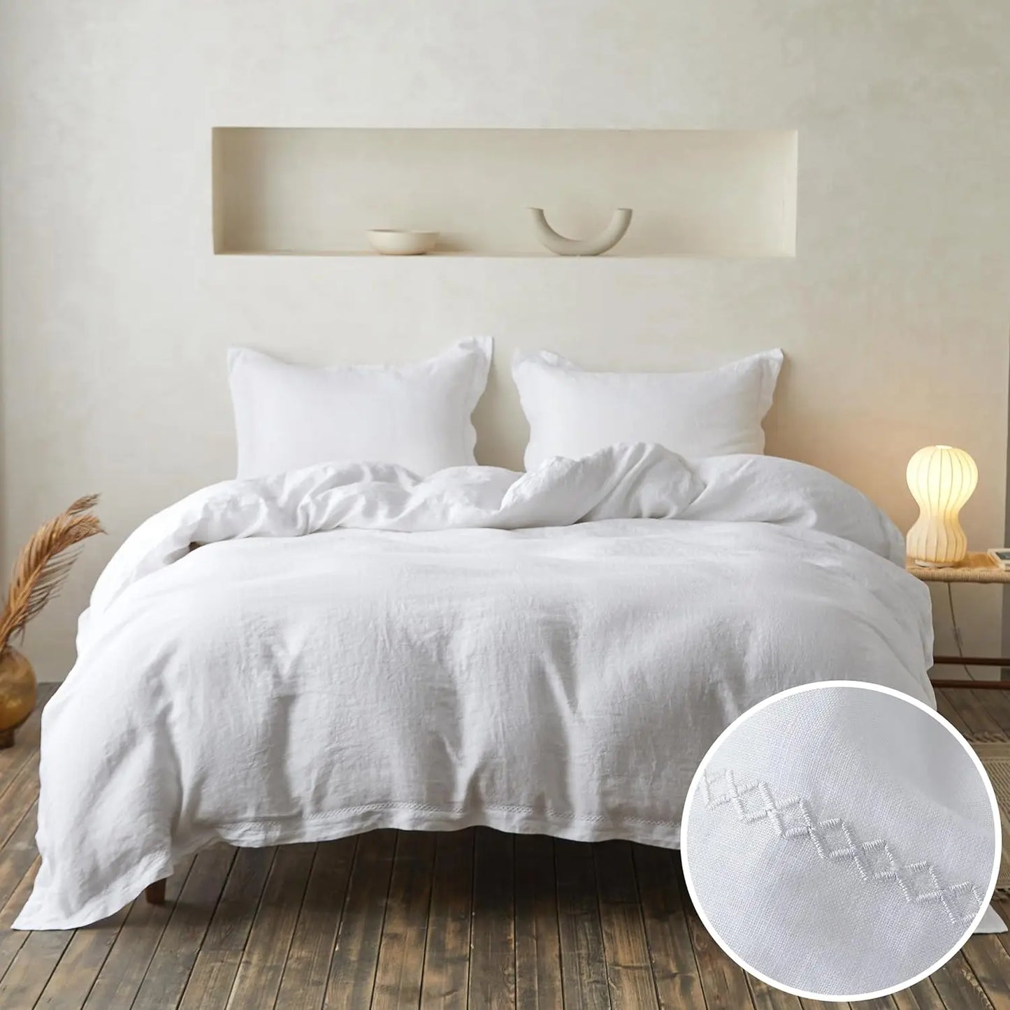 Simple Opulence 100 Percent Linen 3 Pieces Bedding Set with Crossed Embroidery Queen King Size Duvet Cover Bed Sheet Set Fitted Sheets