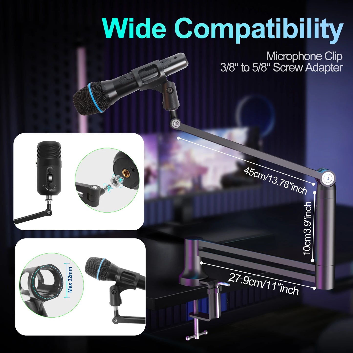 Boom Arm 360 Degree Rotatable Low Profile Microphone Stand Foldable Mic Arm Holds Up to 1.5kg with 3/8 Inch to 5/8 Inch Screw Adapter
