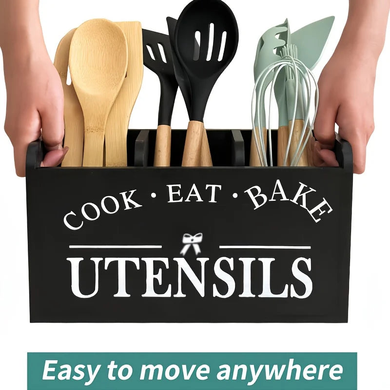 5 Pieces Set Wooden Cutlery Box with Compartments for Kitchen Counter Storage Fork and Spoon