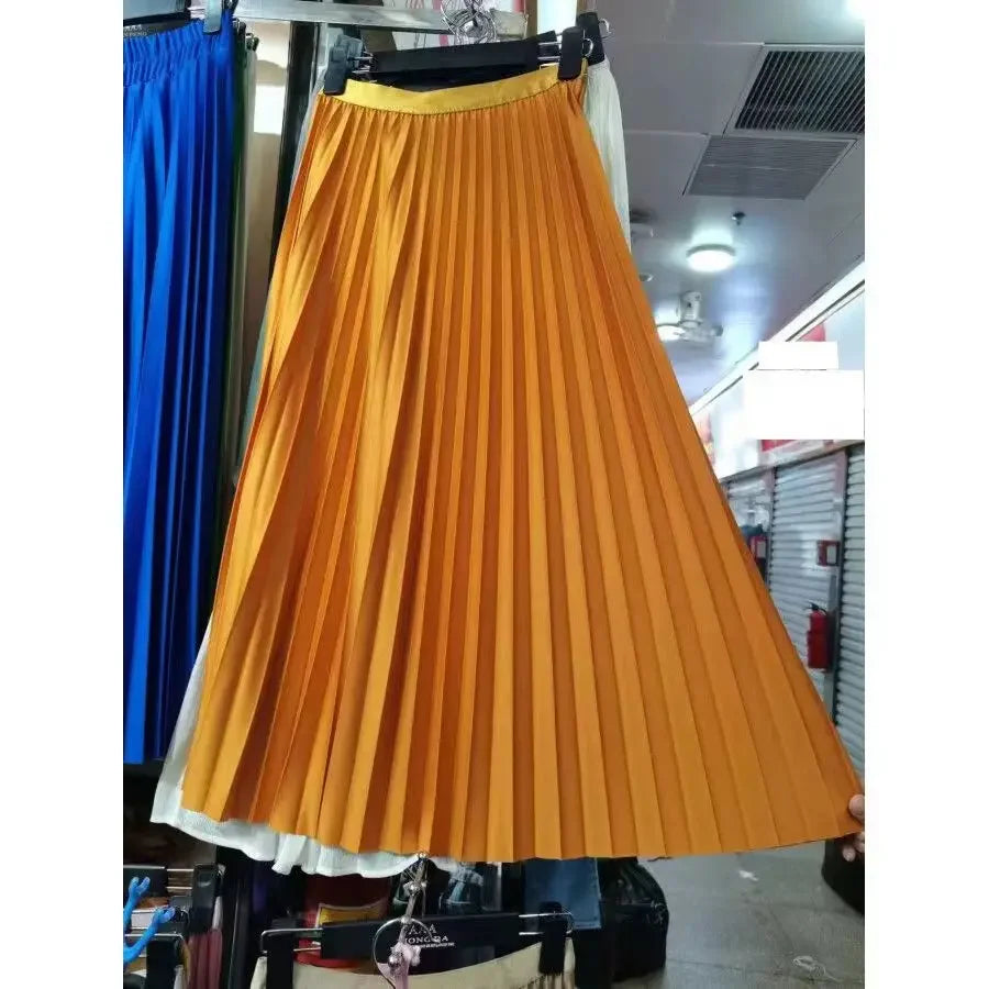 2025 Women Elegant Pleated Skirt High Waist Women Mid-long Skirt Female Ladies High Quality Women Midi Skirt Black Saia