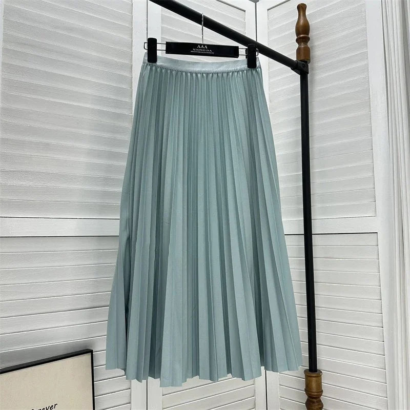 2025 Women Elegant Pleated Skirt High Waist Women Mid-long Skirt Female Ladies High Quality Women Midi Skirt Black Saia