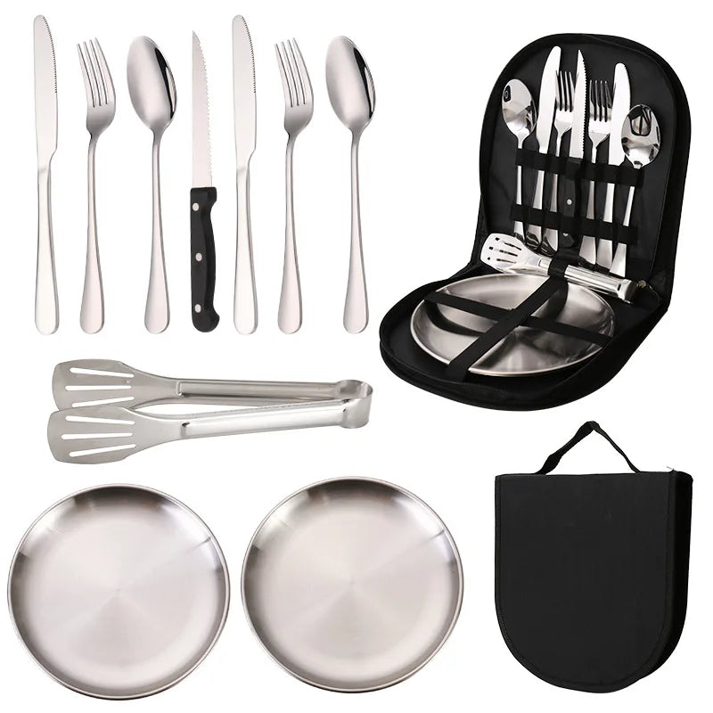 Outdoor Stainless Steel Cutlery Set Portable Travel Camping High End Barbecue Plate Food Clip Knife Fork Spoon