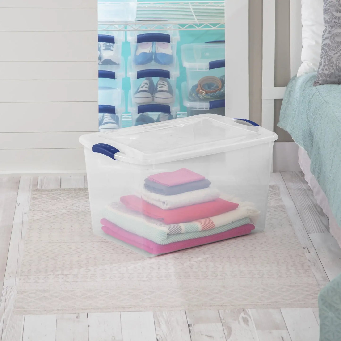 Large Storage Bin 66 Quart Clear Plastic Storage Container with Latch Lid Blue Pack of 6