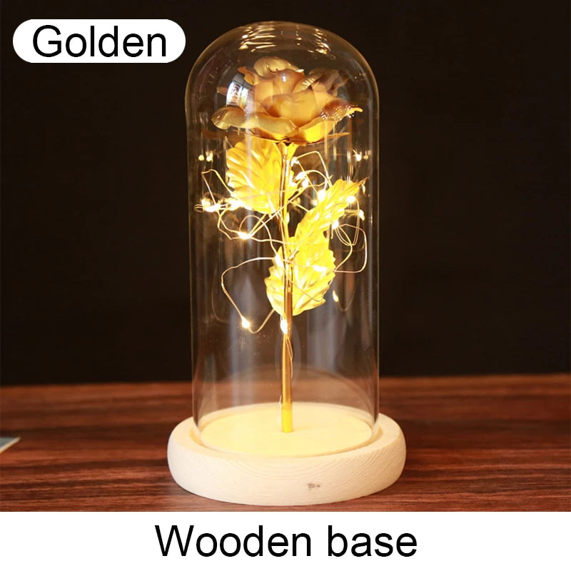 Mothers Day Gifts Party LED Light Foil Flower in Glass Cover Valentine's Day Gift in Glass Simulation Rose Flower
