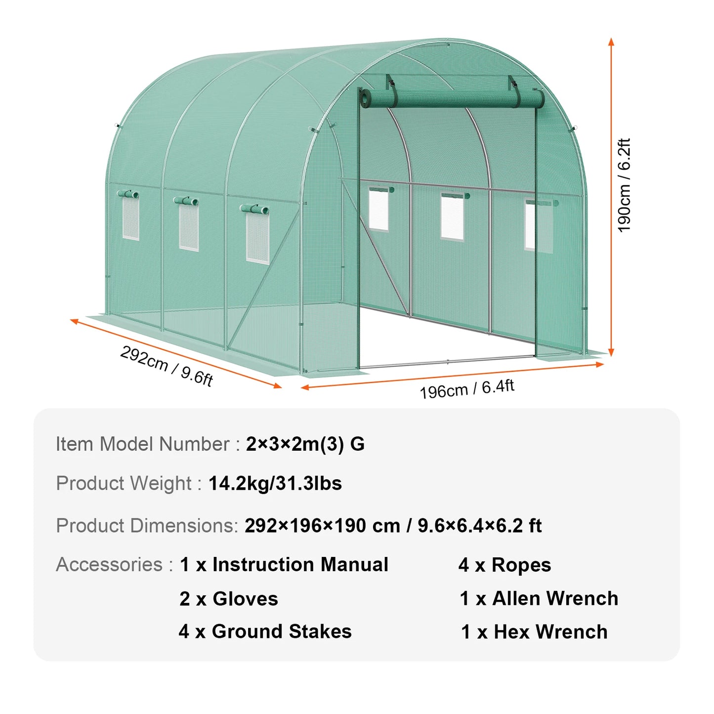 SucceBuy Walk In Tunnel Greenhouse Hoop House Steel Frame PE Cover Roll Up Zipper Door 345x195x192 cm
