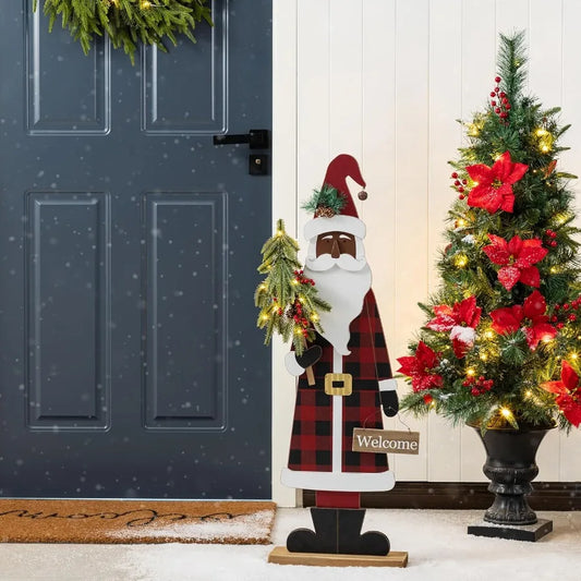 36''H Lighted Wooden Santa Claus Decor with Timer and LED Lights for Outdoor Porch Decoration During Christmas Season Featuring