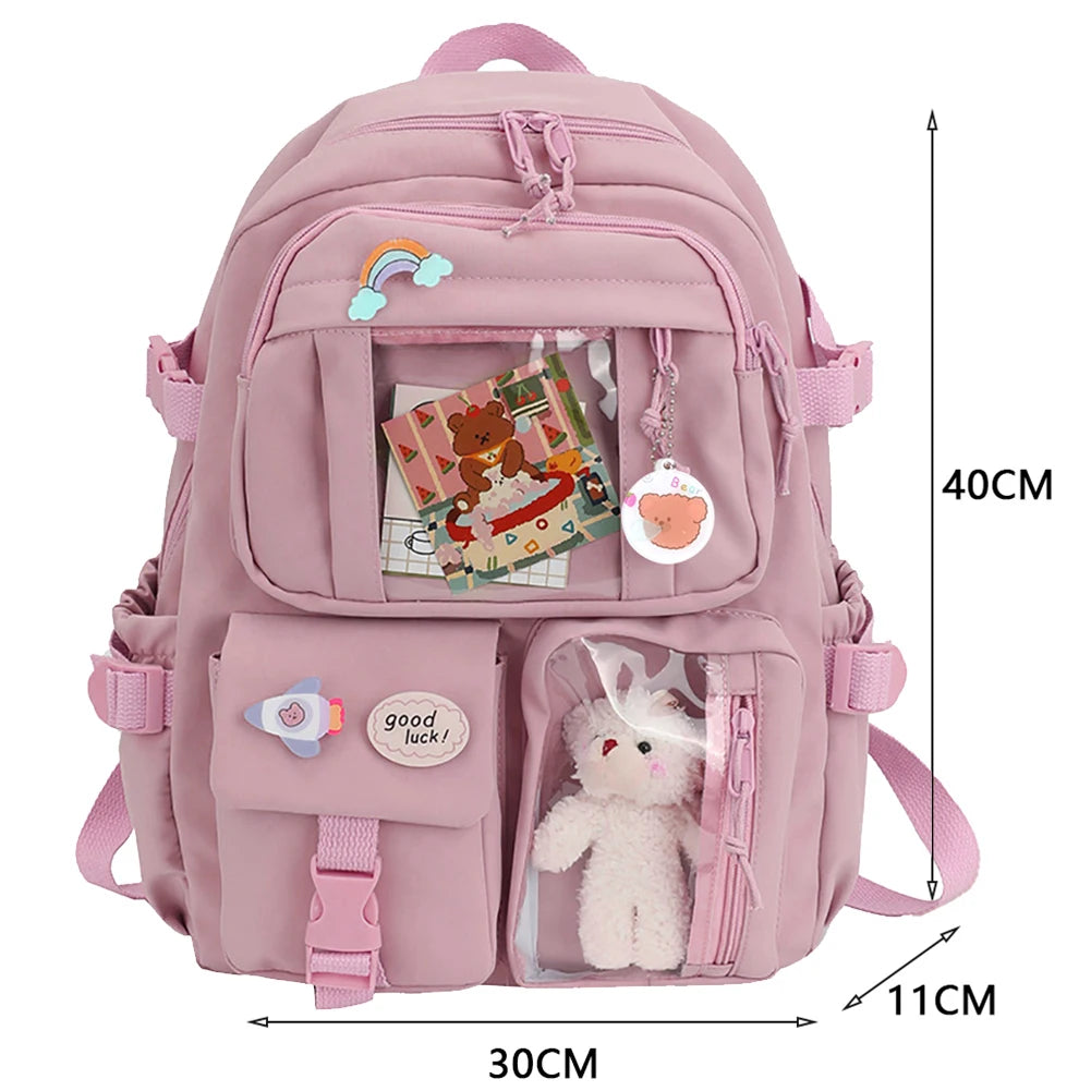 College Student Rucksack Fashion Casual Book Bags Nylon with Plush Pendant Pin Cute Large Capacity Japanese Style for Teen Girls