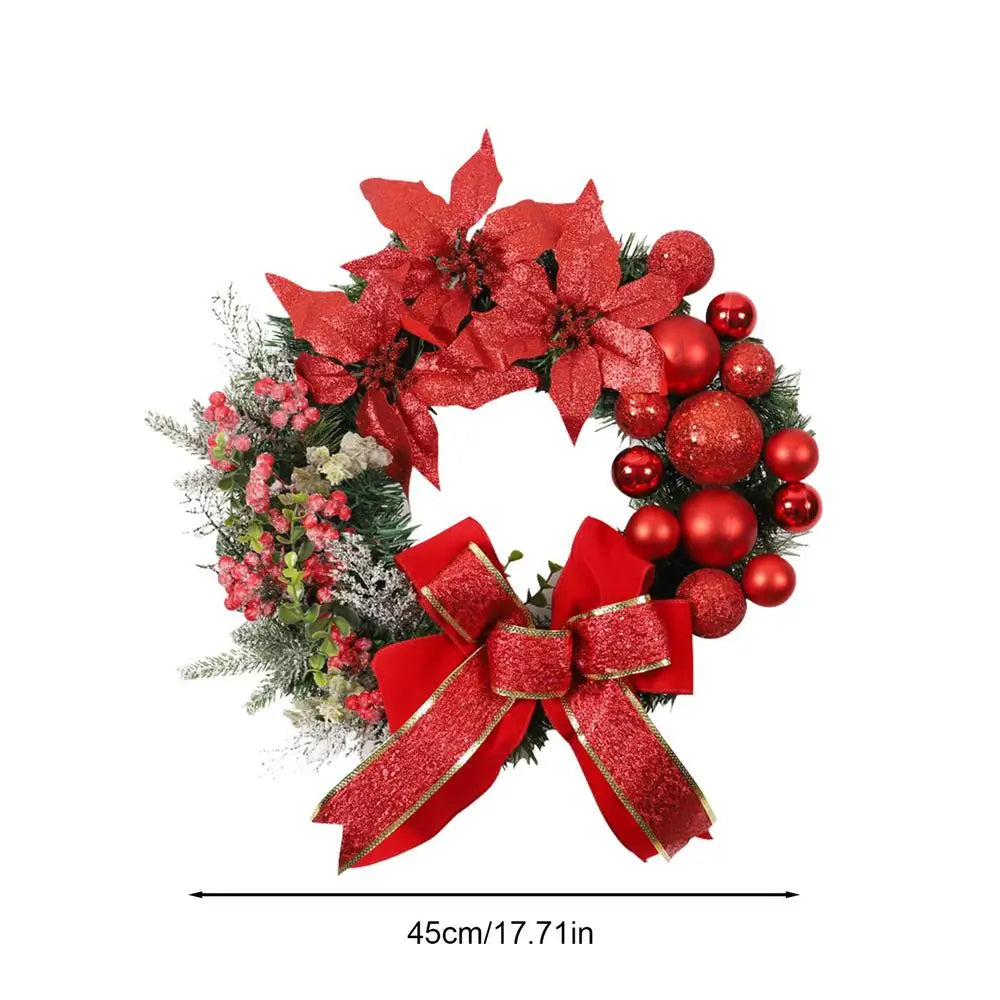 45CM Christmas Front Door Wreath Artificial Pine Needle Winter Wreaths Poinsettia Flowers Holiday Wreath with Ball Ornaments