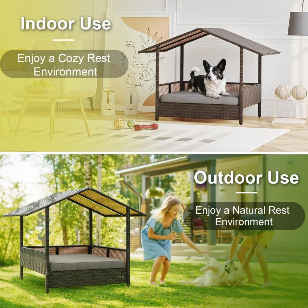 Wicker Dog Bed House for Small Medium Large Dogs Outdoor Indoor Rattan Pet Home Elevated Shelter with Cushion