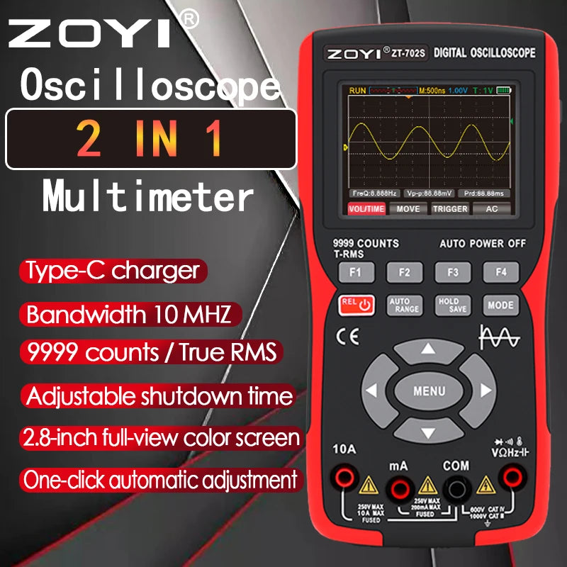 ZOYI ZT-702S 2 in 1 Handheld Digital Automotive Oscilloscope Multimeter Single Channel 10MHz Bandwidth 64Kbyte Record Length
