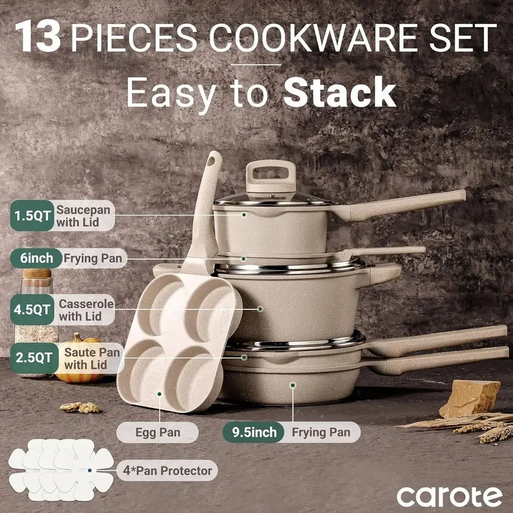 13-Piece Non-Stick Cookware Set, Taupe Hued Pots and Pans with Lids, Essential Kitchen Induction-Ready Cookware