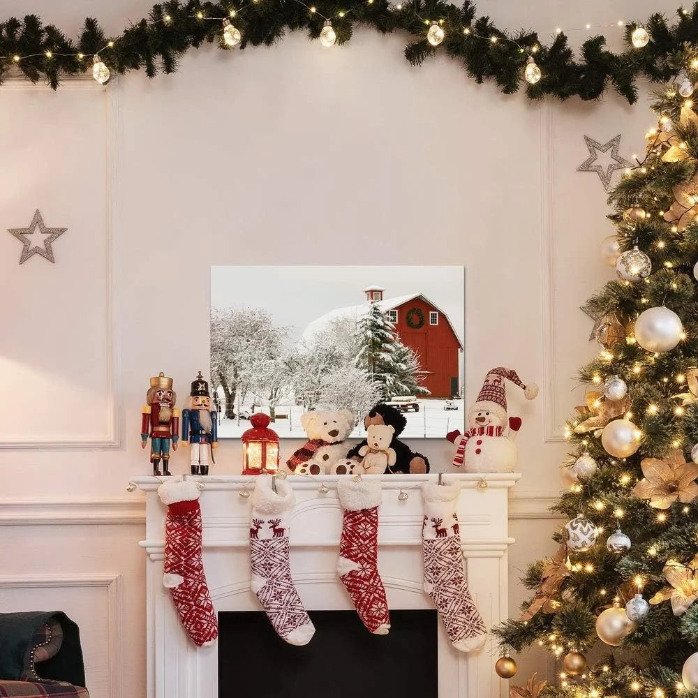 Canvas Wall Art Snow Covered Red Barn Modern Home Decor High Quality Prints Gallery Wrapped Easy Mounting Ideal Gift Made in USA