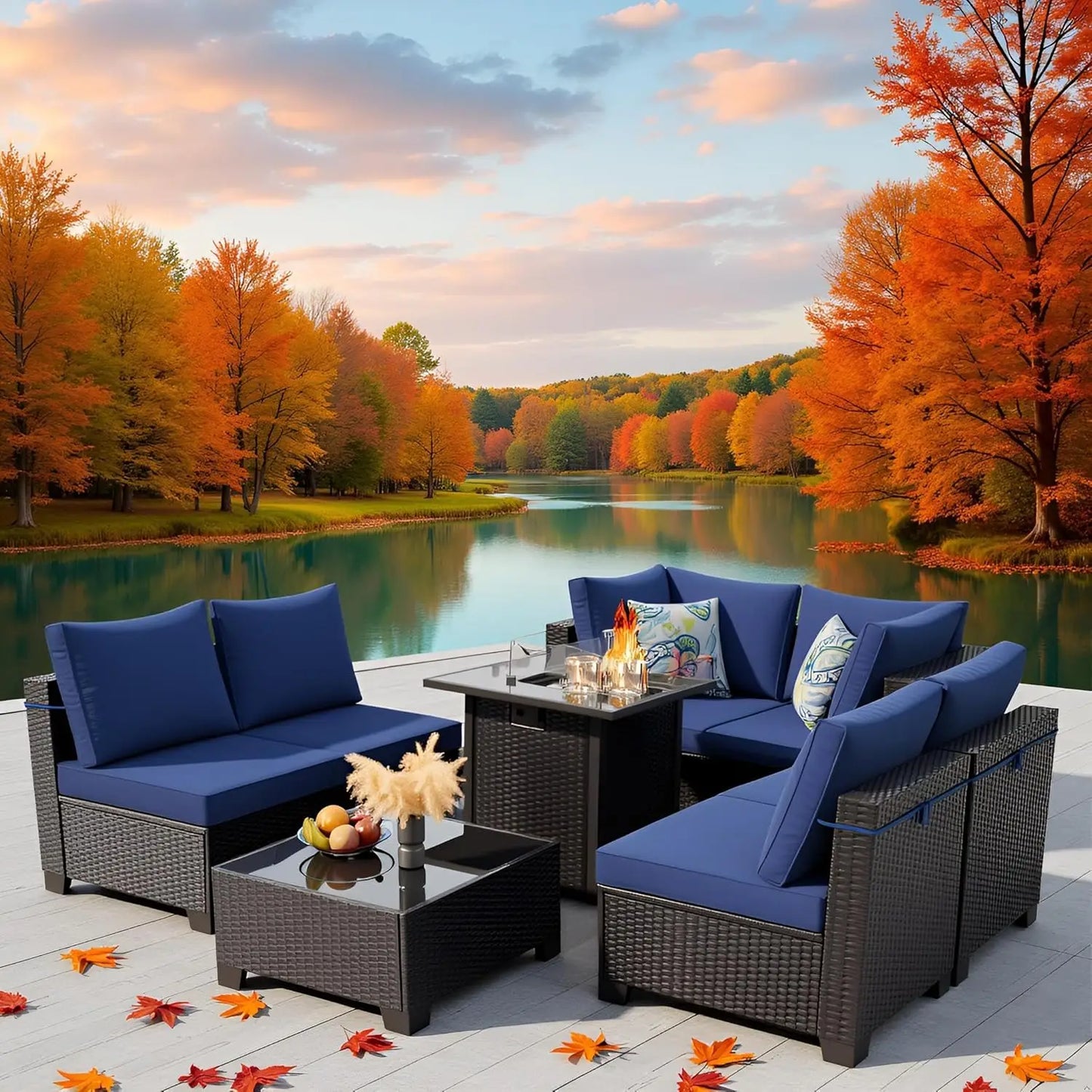 Patio Furniture Set With Fire Pit Table, 8 Piece Wicker Outdoor Sectional Set With Thick Cushions, Patio Sofa For, Customized
