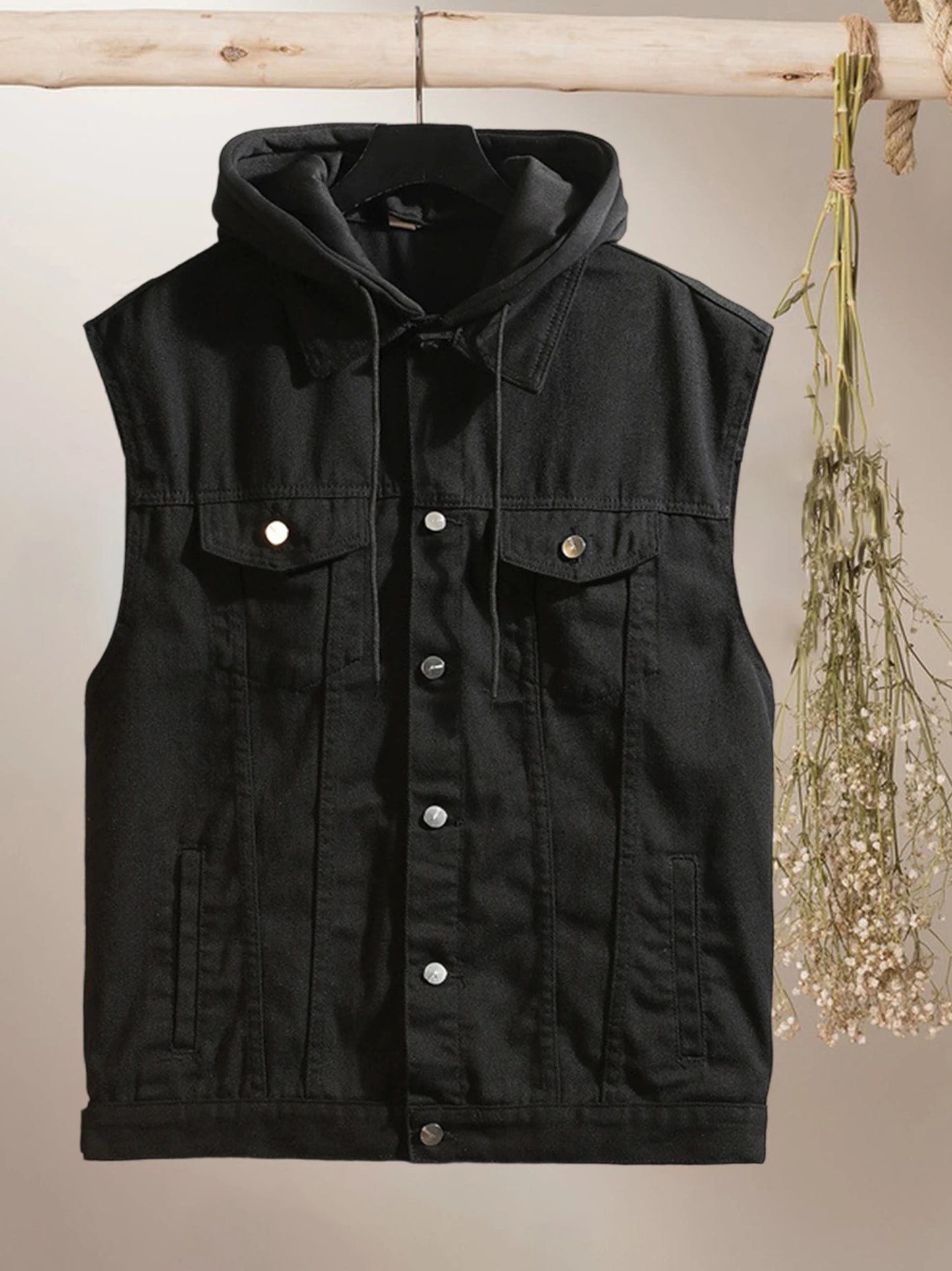 Men s Sleeveless Denim Vest with Hood and Pockets Casual Button Up Contrast Color Jean Jacket for Warmth and Style