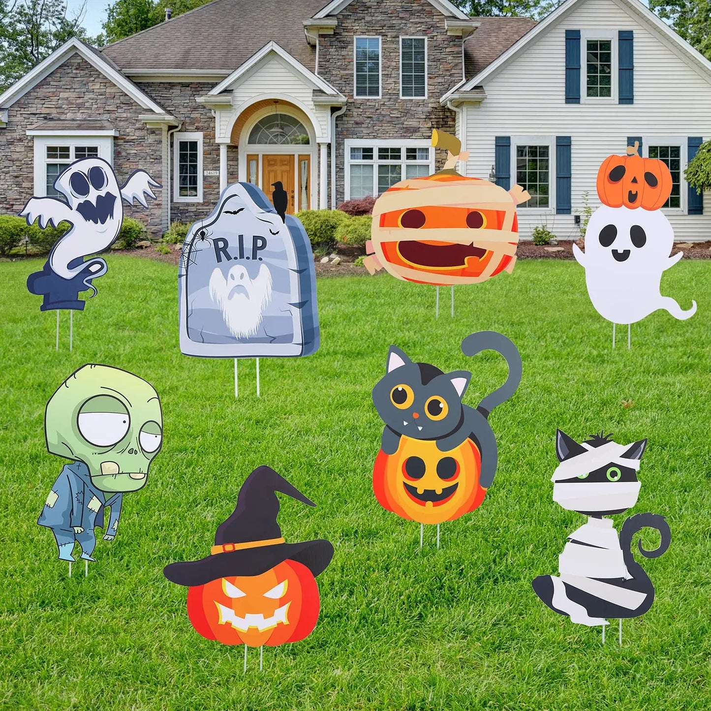 Halloween Yard Signs 8 Pack Pumpkin Skeleton Ghost Decor Outdoor Lawn Garden Stake Decorations
