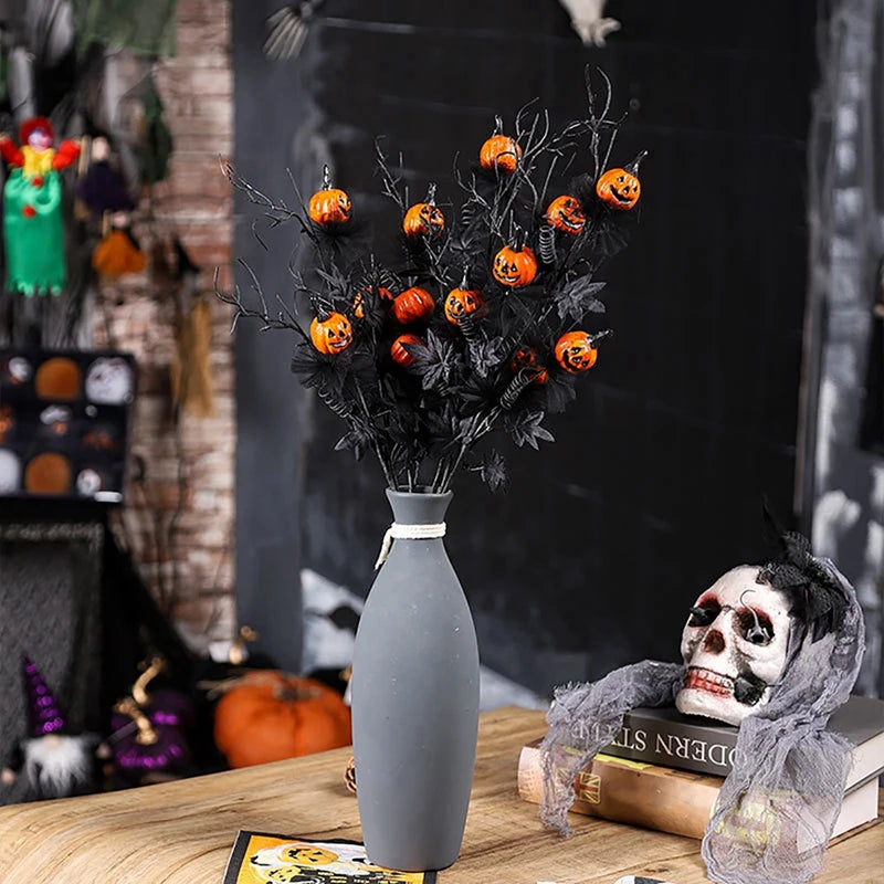 1/5/10pcs Halloween Branches Fake Twig with Maple Leaf Pumpkin Berries Flower Black Creepy Bouquet for Halloween Party Decor