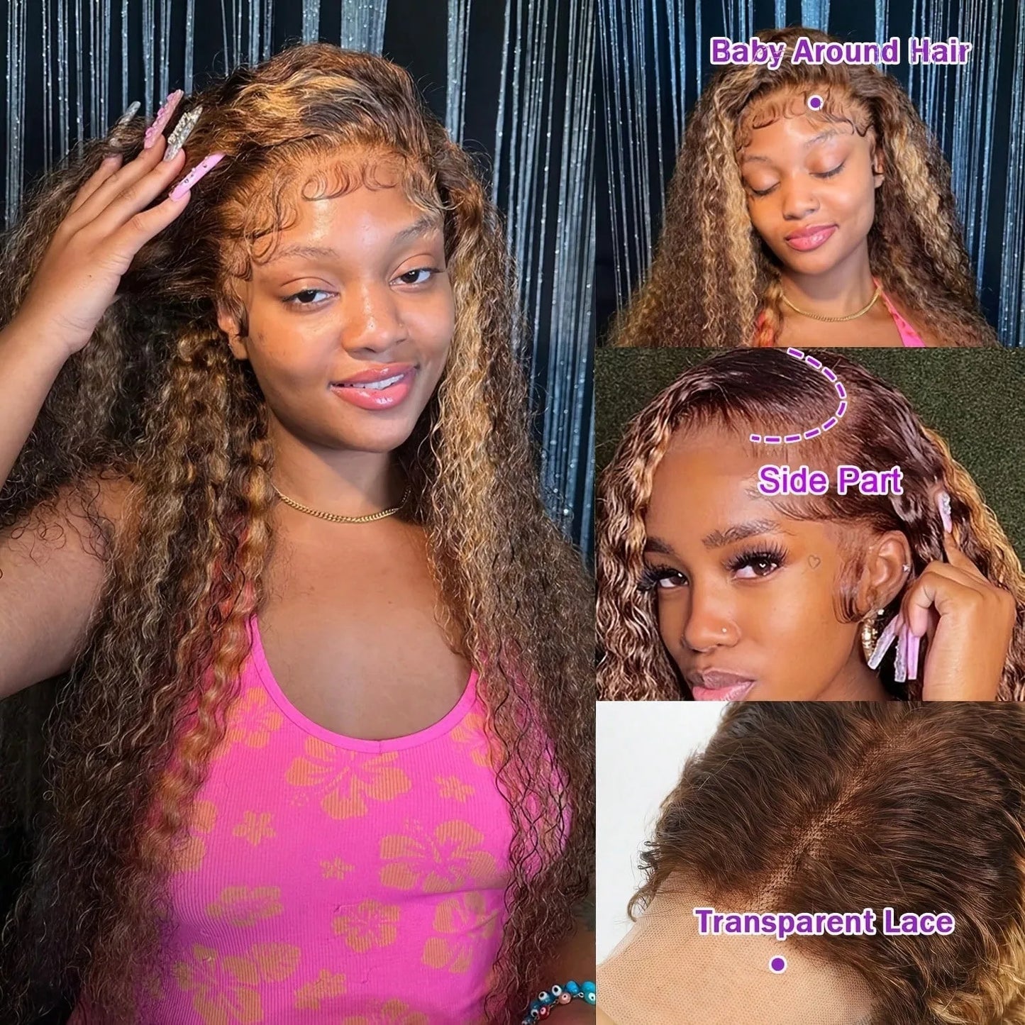 30 Inch Curly Wave Highlight Human Hair Wigs High Density Lace Front Wigs Colored Brazilian 13x6 HD Transparent Lace Frontal Wig