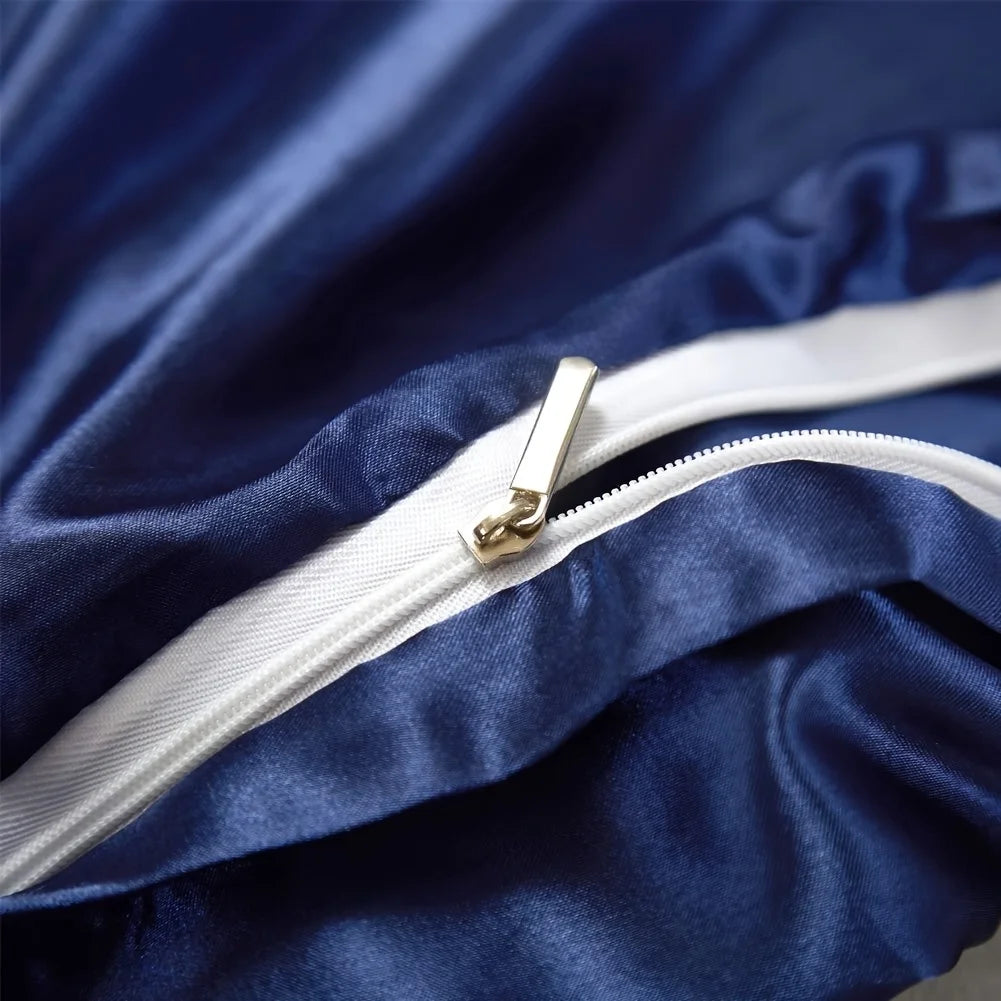 3 Piece Quilt Set Super Soft Silky Satin Hotel Collection with Zipper Closure Quilt Cover and 2 Pillowcases Navy California King