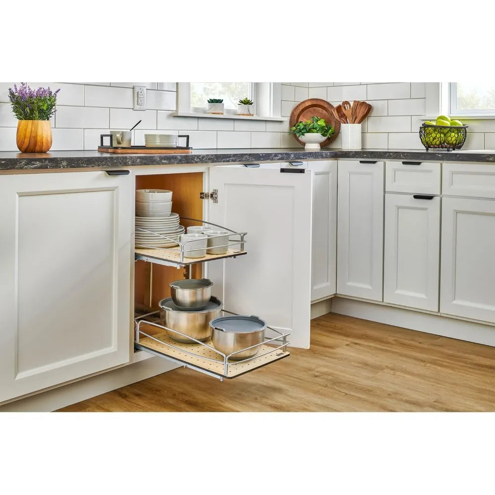Rev A Shelf 2 Tier Pull Out Kitchen Cabinet Storage Organizer with Solid Bottom and Undermount Soft Close Full Extension Slides