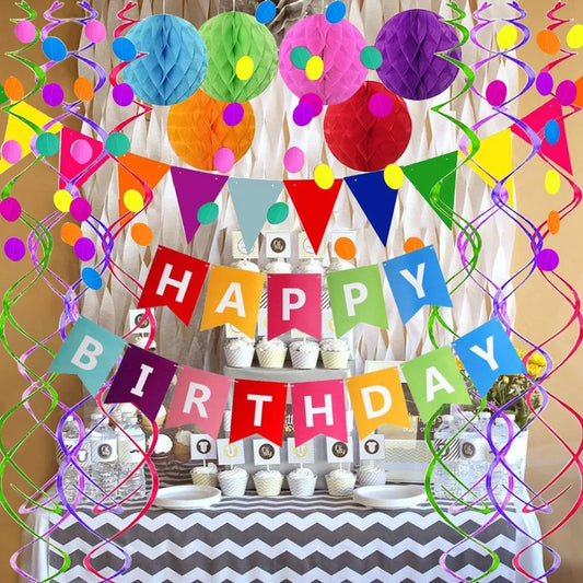 Happy Birthday Banner with Colorful Paper Flag Bunting and Circle Confetti Garland Swirls Party Decorations