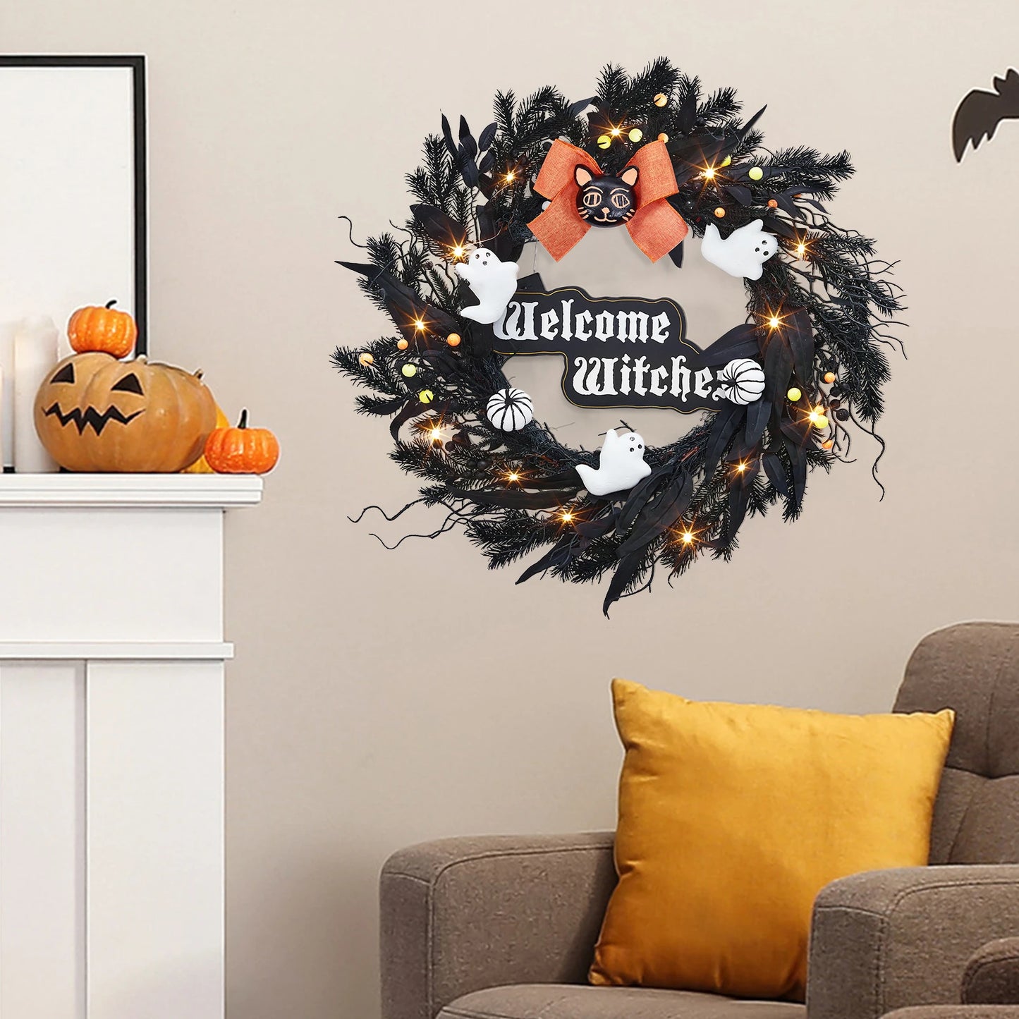 Halloween Wreath for Front Door 22 Inch Black Cat White Ghost Pumpkin and Welcome Witches Sign