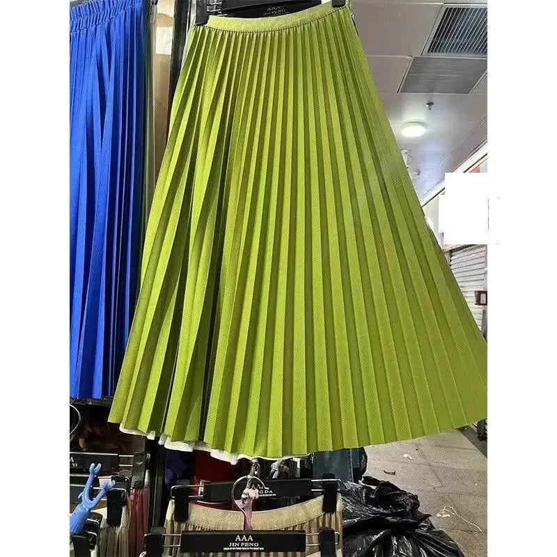 2025 Women Elegant Pleated Skirt High Waist Women Mid-long Skirt Female Ladies High Quality Women Midi Skirt Black Saia