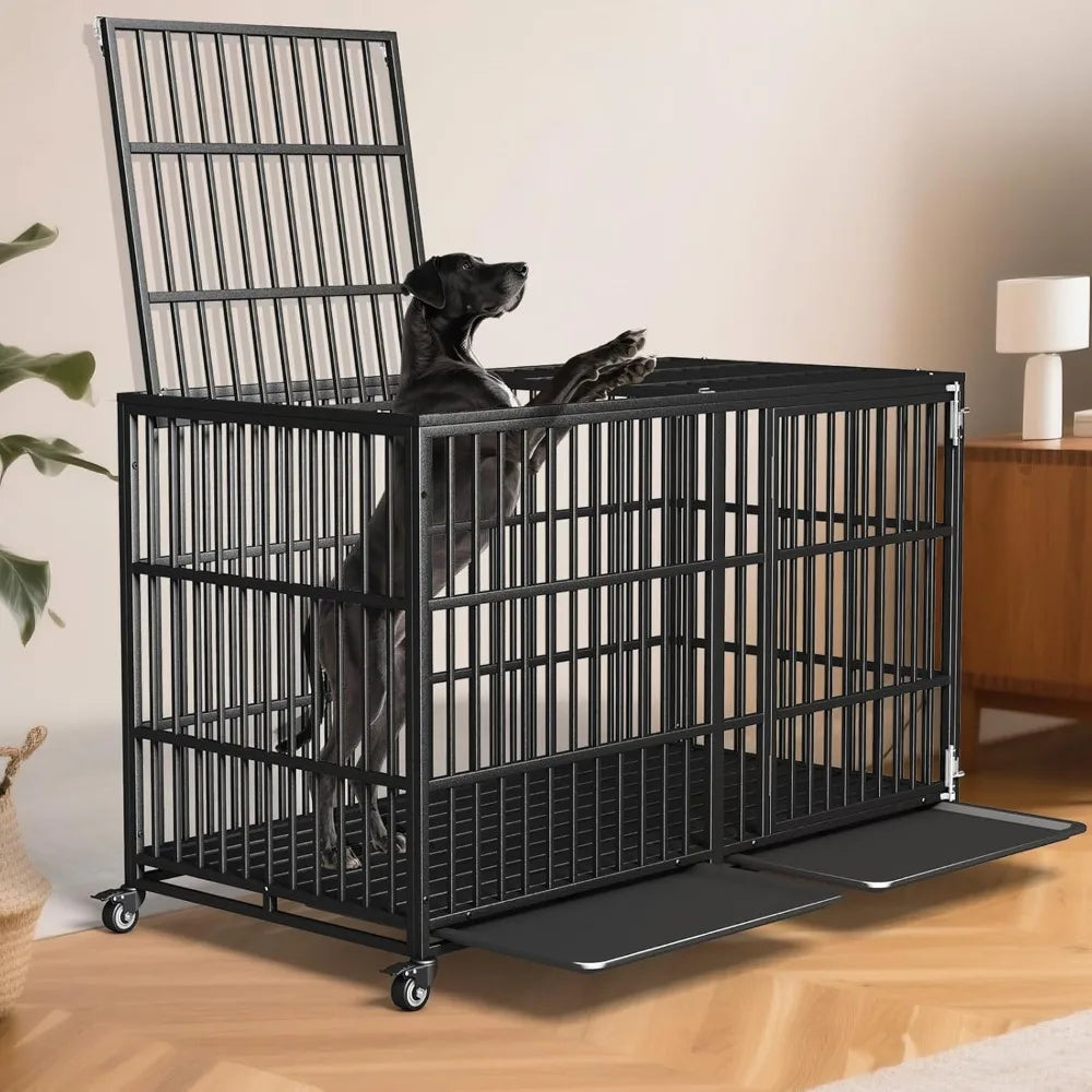 64" Heavy Duty Dog Crate Indestructible Dog Pet Kennel Cage for Extra Large Giant Breeds Double Doors Locakable Wheels High Anxi