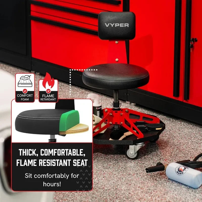 Robust Steel Sport Shop Chair for Mechanics, Automotive, DIY - 300 lb Capacity Garage Stool with Backrest and Large Wheels