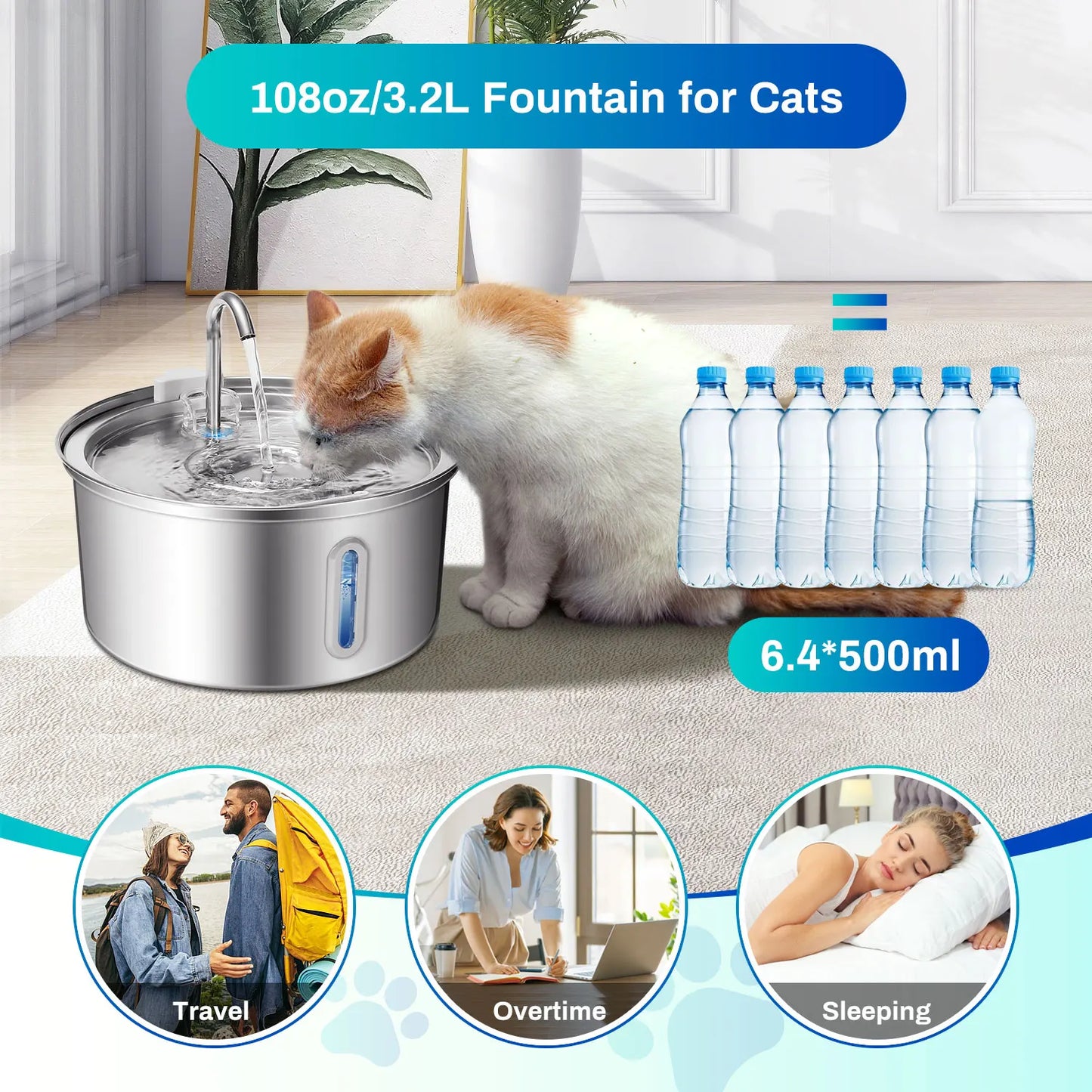 Cat Water Fountain Stainless Steel 108oz 3.2L Pet Water Fountain With Ultra Quiet Pump Filtration System Water Level Window