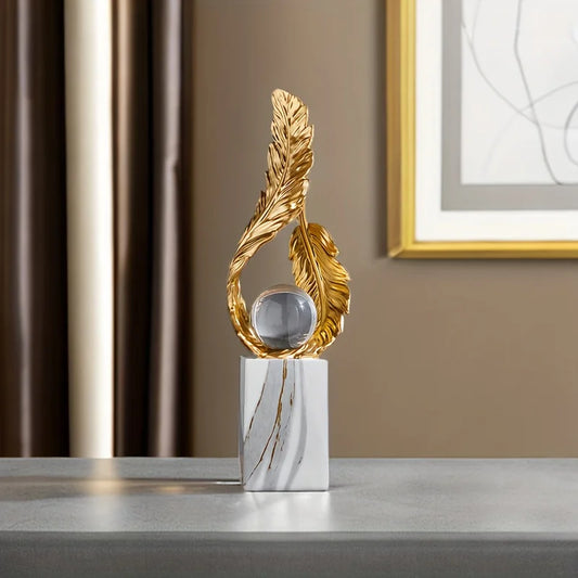 Elegant Resin Feather Orb Sculpture Decorative Sphere Design on Marble Base for Home Decor Office Desk Accessory