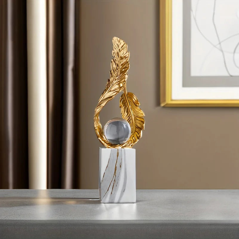 Elegant Resin Feather Orb Sculpture Decorative Sphere Design on Marble Base for Home Decor Office Desk Accessory
