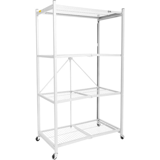 R5 4 Shelf Heavy Duty Folding Storage Rack White Large Foldable Metal Shelving Unit with Wheels for Garage Pantry Basement