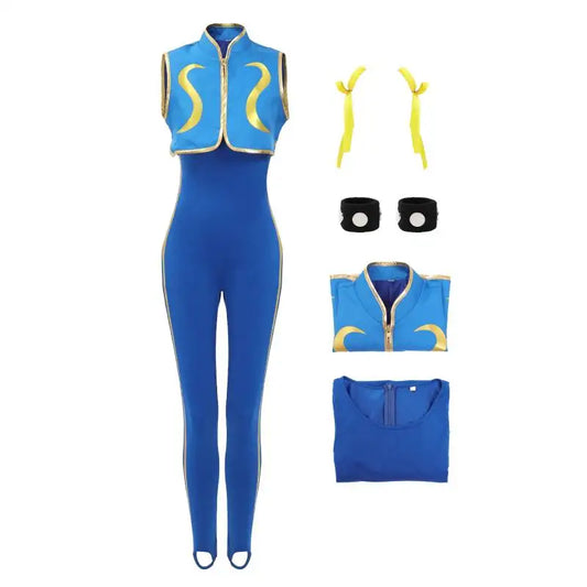 Dazcos Chun Li Cosplay Costume Women's US Size Blue Cheongsam Halloween Fighter Bodysuit with Bracelet and Hair Ties