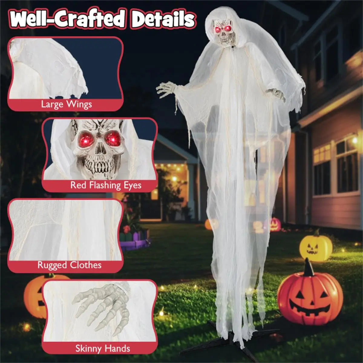 8.3ft Halloween Haunted Angel with Glowing Eyes and Moving Wings Spooky Decoration