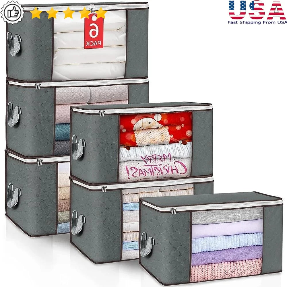Foldable Large Storage Bags with Zippers for Clothes Blankets Toys Dustproof Organizational Bins with Handles for Home Dorm Closet